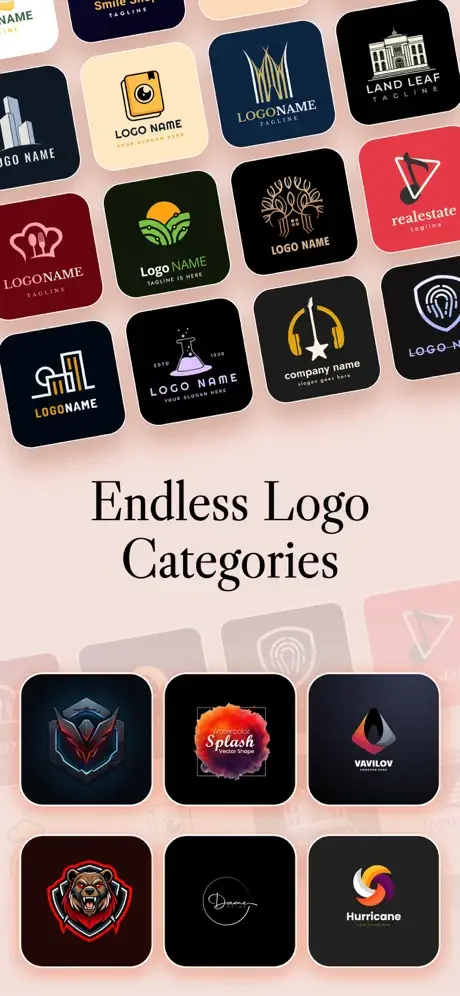 Gallery of diverse logo designs showing endless logo categories including gaming, splash, and professional business logos