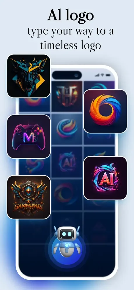 AI logo generator interface on smartphone mockup showing AI-generated logo examples with customization options and designs