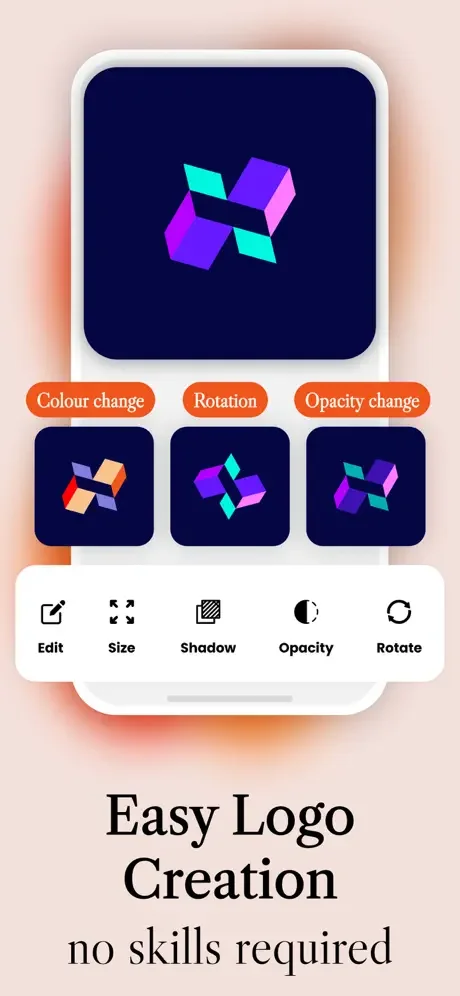 Logo editing interface with 3D geometric design showing color change, rotation, opacity adjustment, and editing tools