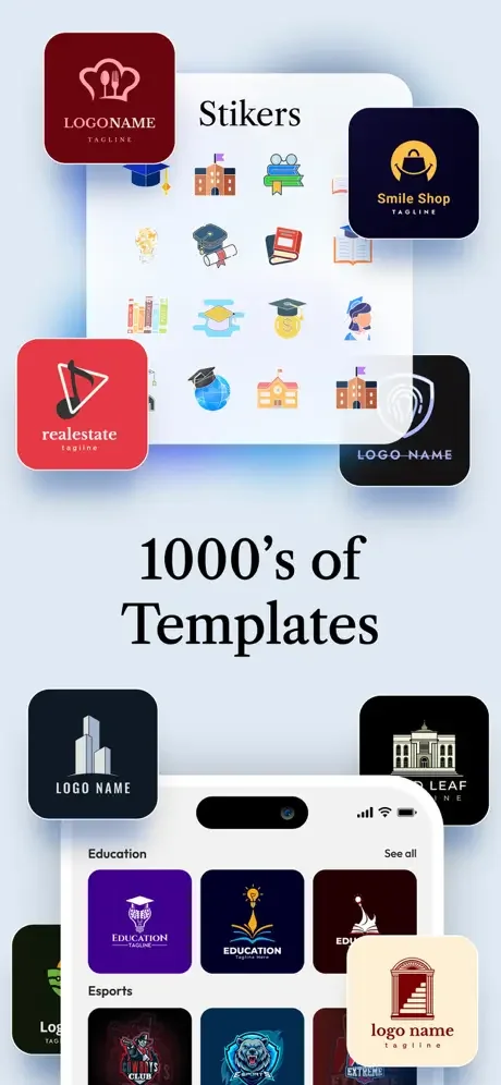 Logo Maker templates library displaying thousands of logo designs organized by categories like Education and Esports