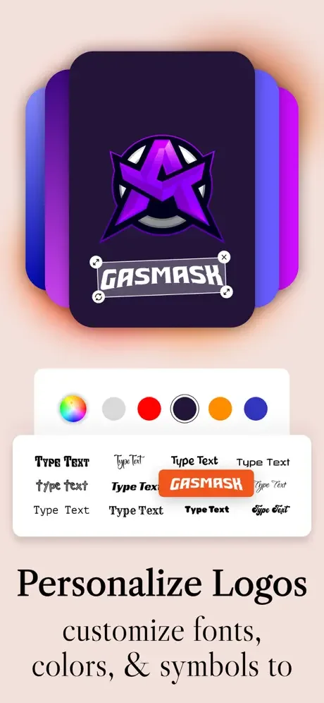 Logo customization panel with color palette and typography options for personalizing logo fonts, colors, and text