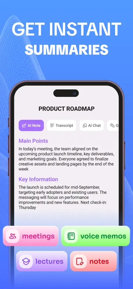 IntelNote AI-powered summaries generating Main Points and Key Information from meetings, voice memos, lectures, and notes