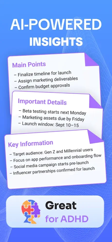 IntelNote AI insights feature extracts main points and important details from notes, designed as ADHD-friendly productivity tool