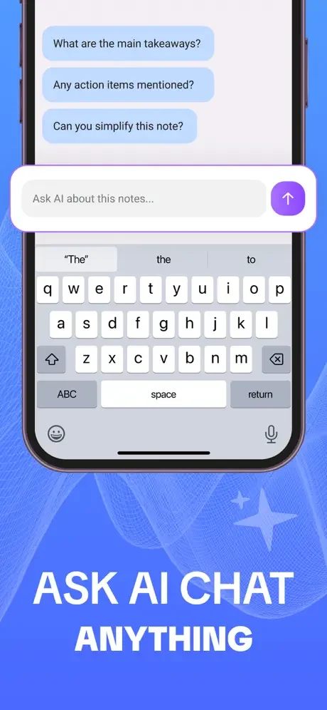 IntelNote AI chat interface for asking questions about notes: main takeaways, action items, simplification, and note analysis