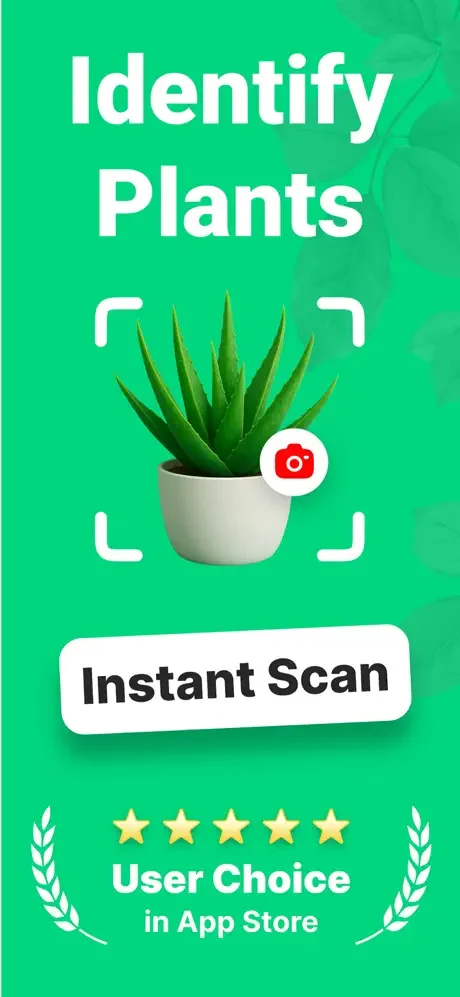 ePlant app home screen: Identify Plants with Instant Scan feature showing potted aloe plant, camera icon, and User Choice award