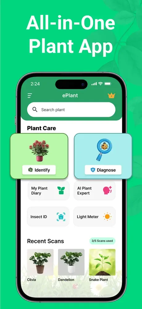 ePlant app home screen displaying all-in-one plant care features: Identify, Diagnose, Plant Diary, AI Expert, and recent scans