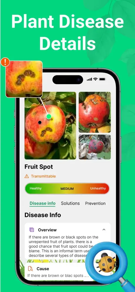 Plant disease details screen showing Fruit Spot diagnosis with multiple images, severity level, and disease information tabs