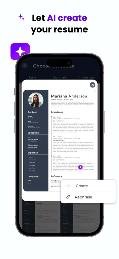 AI Resume Maker app showing template selection with AI-powered Create and Rephrase features for instant resume generation
