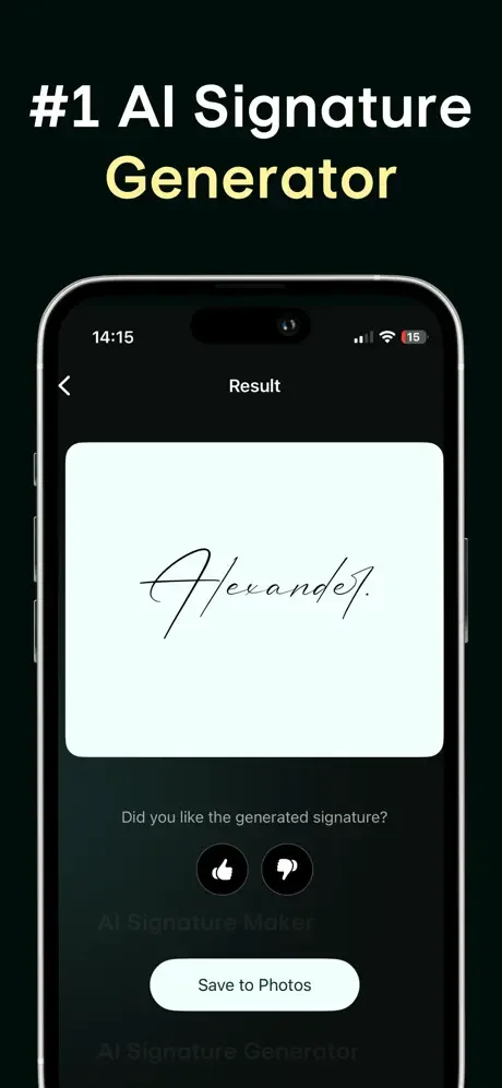 Signify AI signature generator result screen showing handwritten-style signature with save and rating options