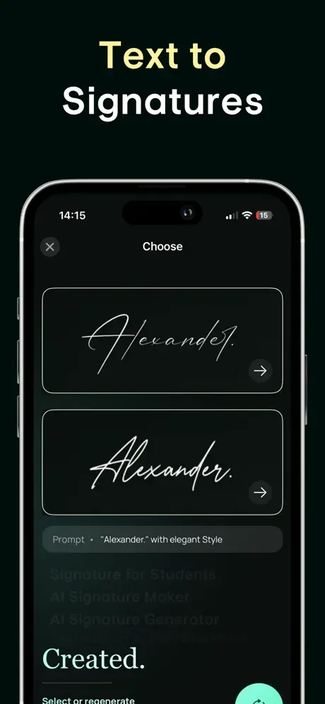 Signify text-to-signatures interface displaying multiple elegant AI-generated signature variations to select