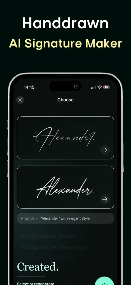 Signify handdrawn AI signature maker app showing signature style options with select and regenerate features