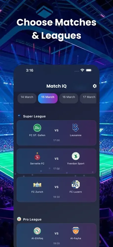Soccer fixture selection screen with date filters, team logos, match times, and AI predictions for upcoming matches