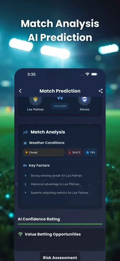 Match analysis showing weather conditions, performance factors, AI confidence rating, and value betting recommendations