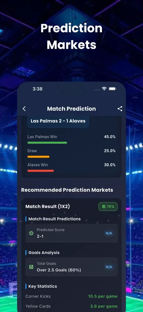 Prediction odds showing Las Palmas vs Alaves win percentages, goals analysis, and recommended betting markets for soccer
