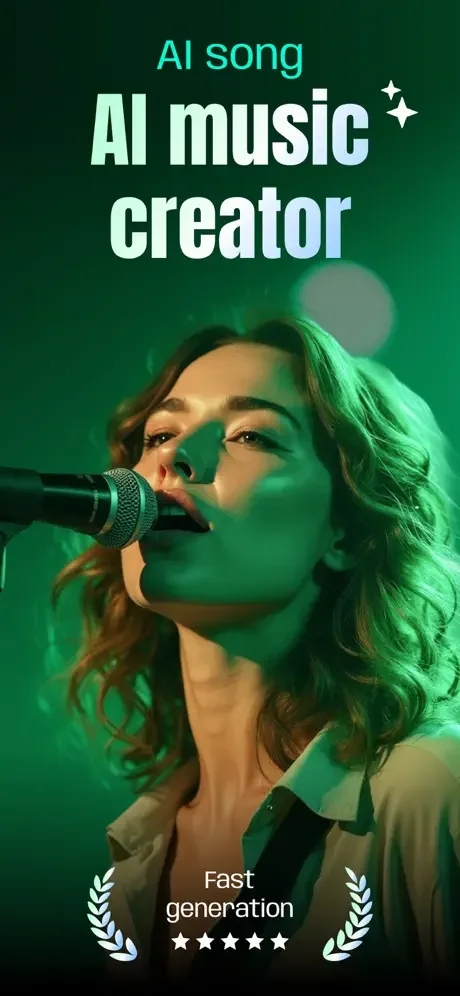 AI Song music creator app branding with fast generation feature, showcasing AI-powered music creation with 5-star rating badge