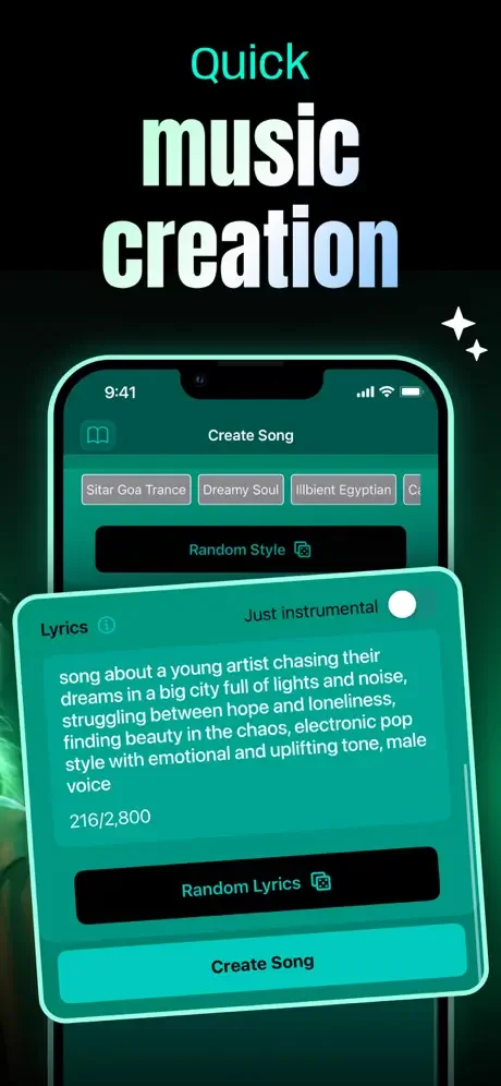 Quick music creation interface with genre selection buttons, AI-generated lyrics display, character count, and instrumental toggle option