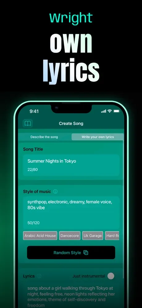 Write your own lyrics interface showing song title input, music style description field, genre tags, and lyrics composition toggle feature