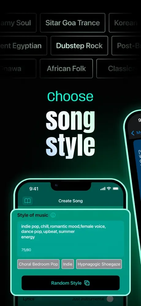 Music genre and style selection screen with multiple genre buttons including Sitar Goa Trance, Dubstep Rock, African Folk, and other music styles