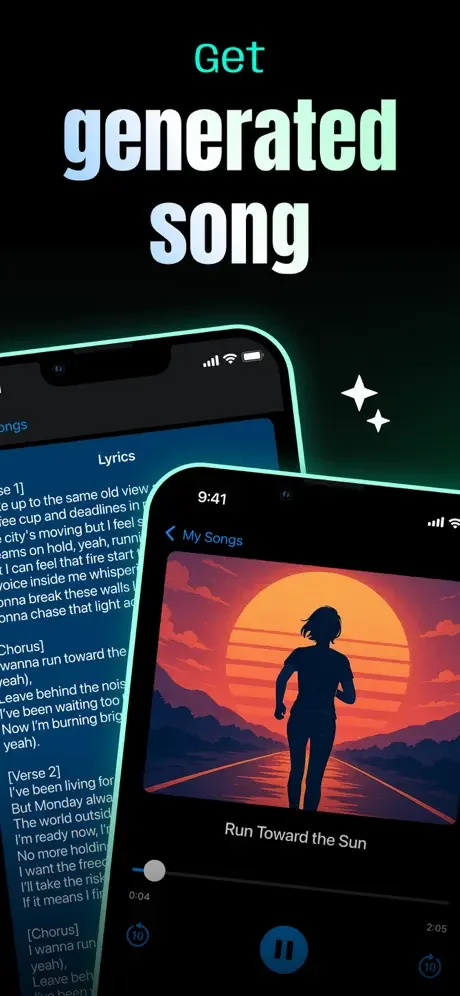 Generated song playback screen displaying created song artwork, title Run Toward the Sun, music player controls, duration counter, and playback buttons