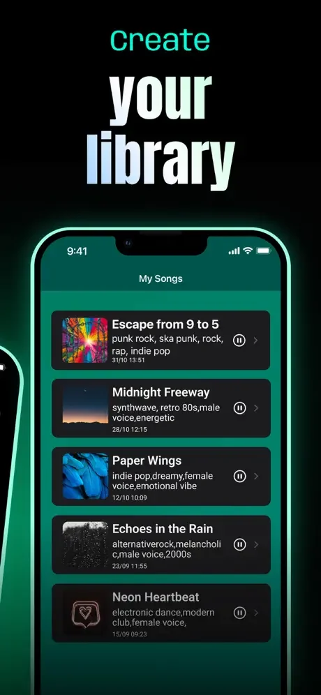 My Songs library view showing list of AI-generated songs with album artwork, titles, music style descriptions, duration, and creation timestamps