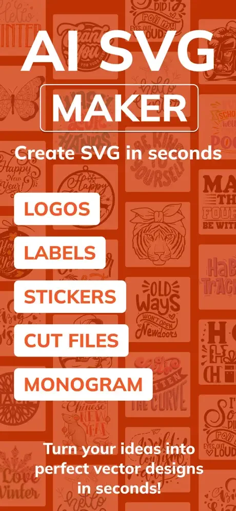 AI SVG Maker app splash screen featuring logos, labels, stickers, cut files, and monogram vector design creation tools