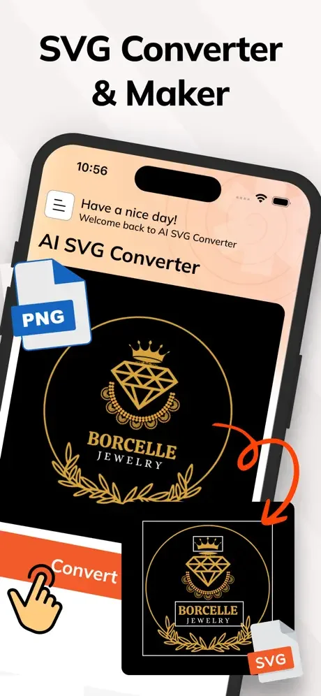 SVG Converter feature demonstrating PNG to SVG conversion of a jewelry logo on iPhone using AI vector transformation