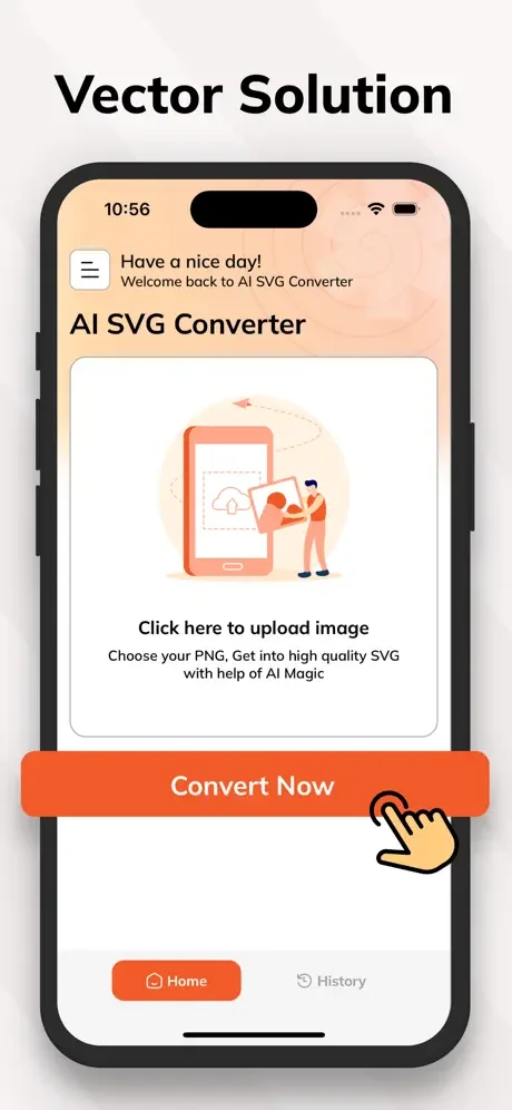 Vector Solution: AI SVG Converter app interface with image upload area and Convert Now button for SVG conversion