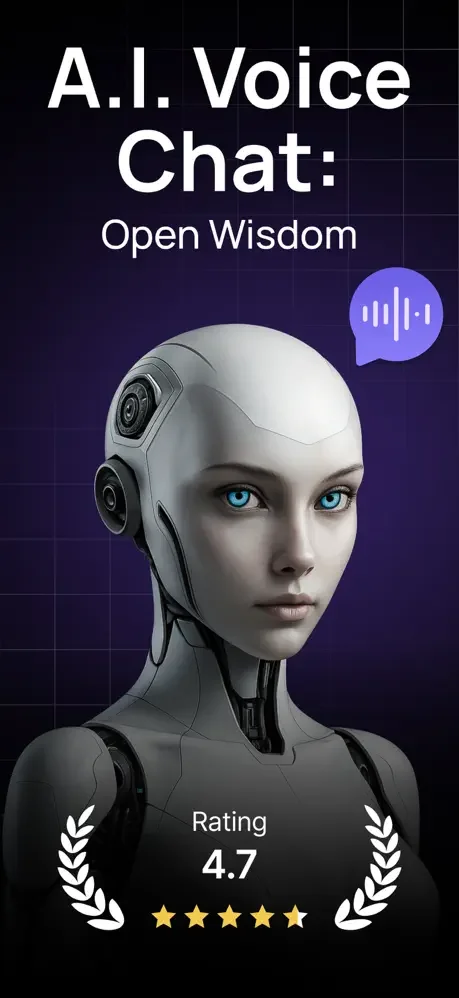 A.I. Voice Chat welcome screen featuring robotic AI avatar with blue eyes, voice waveform icon, and 4.7-star rating