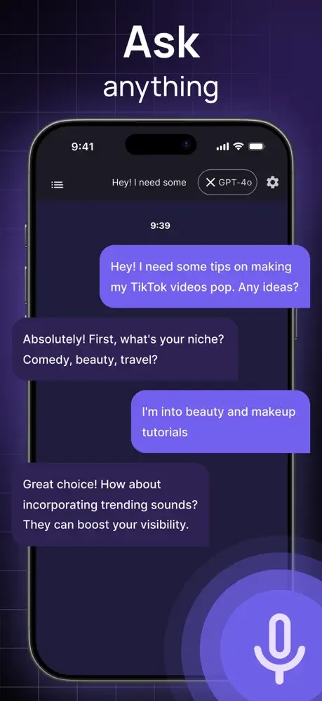 Chat interface showing conversation about TikTok video tips with purple message bubbles and voice input microphone button