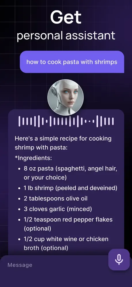 AI personal assistant providing shrimp pasta recipe with voice visualization and detailed step-by-step ingredients
