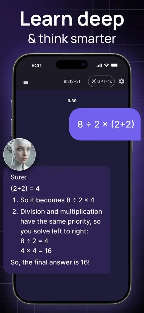 AI solving math equation 8÷2×(2+2) with detailed step-by-step explanation and answer breakdown on chat screen