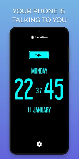 Talking Alarm Clock main screen displaying time 22:37:45 with cyan digital display and voice notification