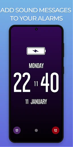 Alarm sound message customization screen with time 22:11:40 and voice/sound action buttons