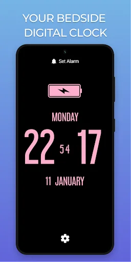 Bedside digital clock displaying time 22:54:17 in pink with alarm and customization options