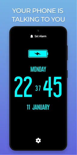Talking Alarm Clock main screen displaying time 22:37:45 with cyan digital display and voice notification