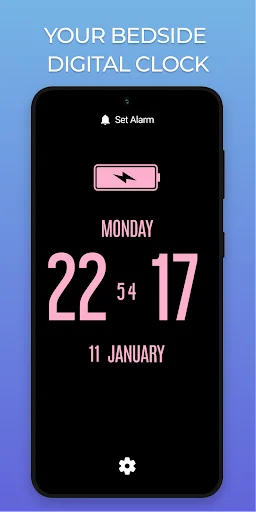 Bedside digital clock displaying time 22:54:17 in pink with alarm and customization options