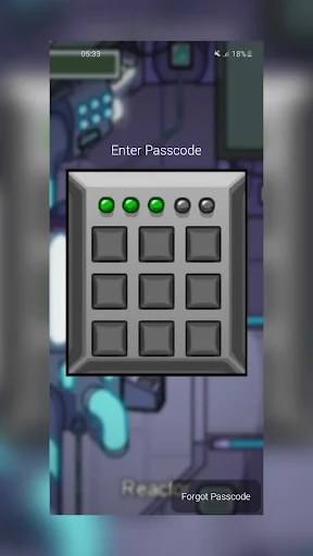 AmongLock passcode entry screen with reactor-style 3x3 button grid, Enter Passcode text, and Forgot Passcode option