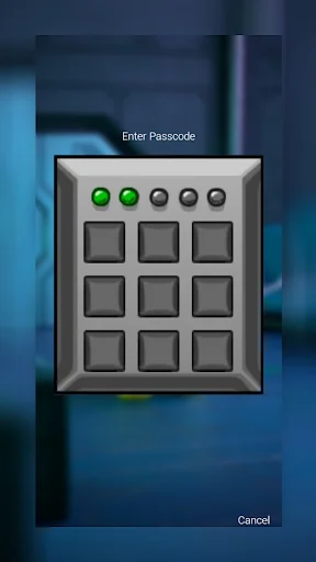 AmongLock reactor passcode lock screen with 3x3 grid buttons, Enter Passcode label, and Cancel button