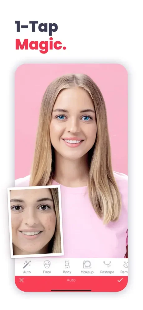 Anylight AI photo editor 1-tap magic showing portrait retouching with face, body, makeup, and reshape editing tools