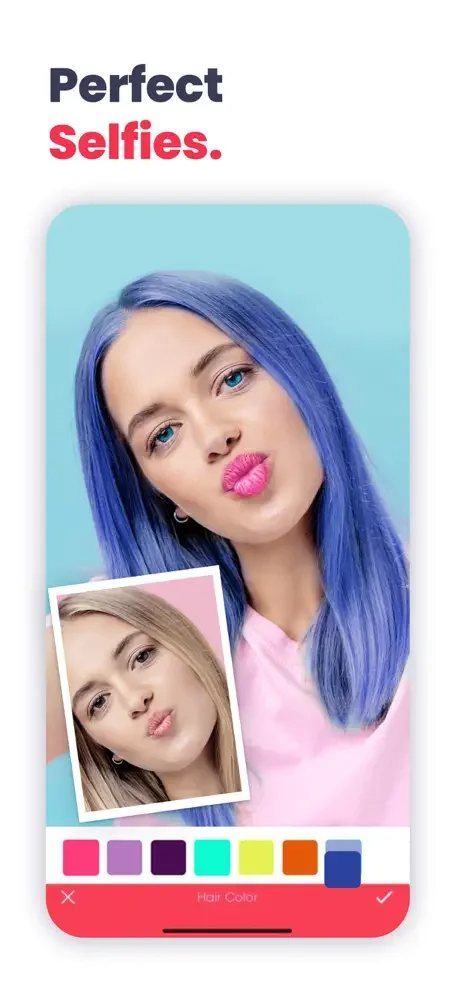 Anylight hair color editor applying AI effects to change hair colors in selfies with multiple color palette options