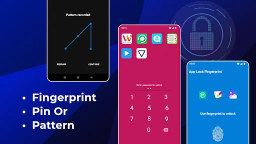 App Lock security setup with pattern drawing, PIN keypad, and fingerprint unlock options for multi-method app protection