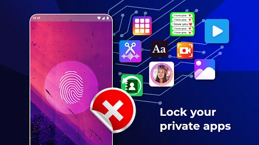 Private app selection interface with fingerprint lock, app icon grid, and security prohibition symbol for app protection