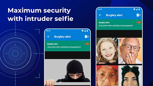 Intruder selfie alert capturing unauthorized access attempts with security camera photos for maximum app protection