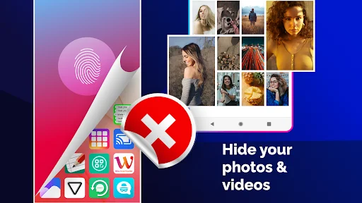 Photo and video privacy protection with fingerprint lock, showing hidden gallery thumbnail grid with security lock symbol