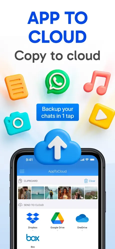 AppToCloud app interface showing WhatsApp backup, clipboard, and Send to Cloud options for Dropbox, Google Drive, OneDrive