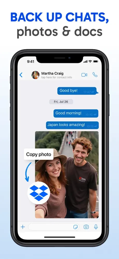 WhatsApp chat conversation with photo copy feature and Dropbox integration for cloud storage backup