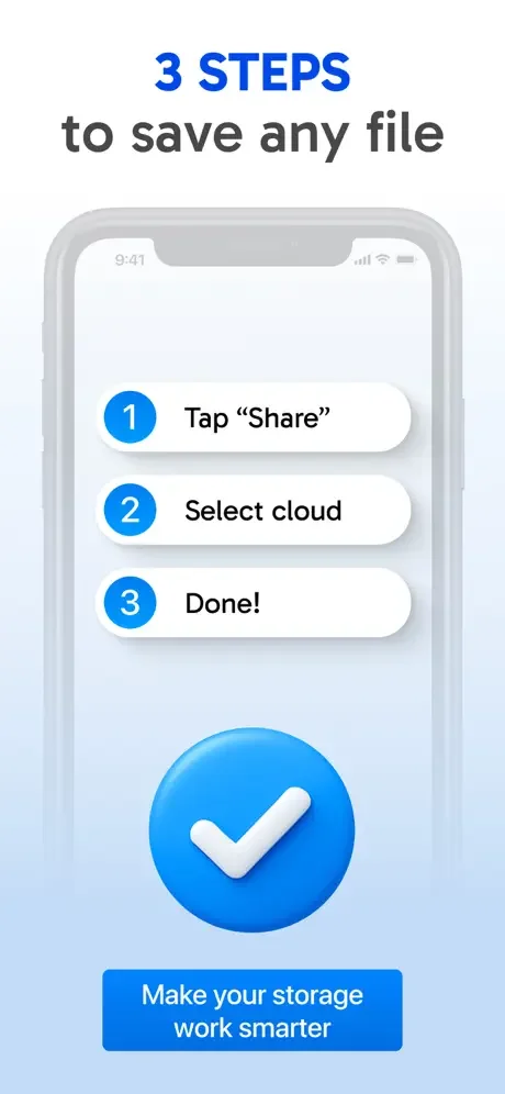 Three simple steps to backup files: Tap Share button, Select cloud storage service, Confirm with Done