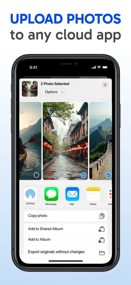 Photo selection interface with multiple photos chosen and cloud app sharing options including AirDrop and Messenger