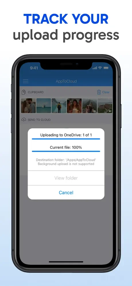 File upload progress tracker displaying OneDrive transfer status, percentage complete, and destination folder information