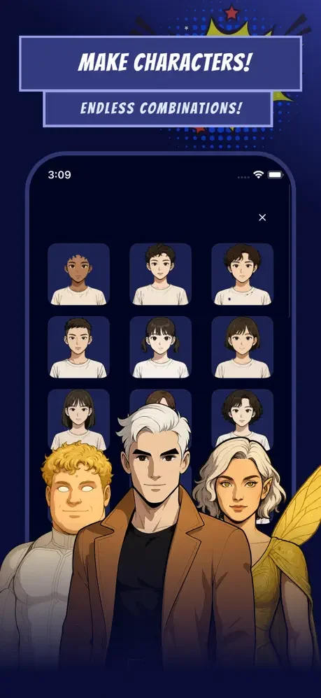 Character creation tool with endless customization combining avatars and detailed character designs for comic storytelling